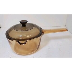Corning Ware VISIONS Amber Glass Cookware 1L Sauce Pan w/ Spout & PYREX Lid USA